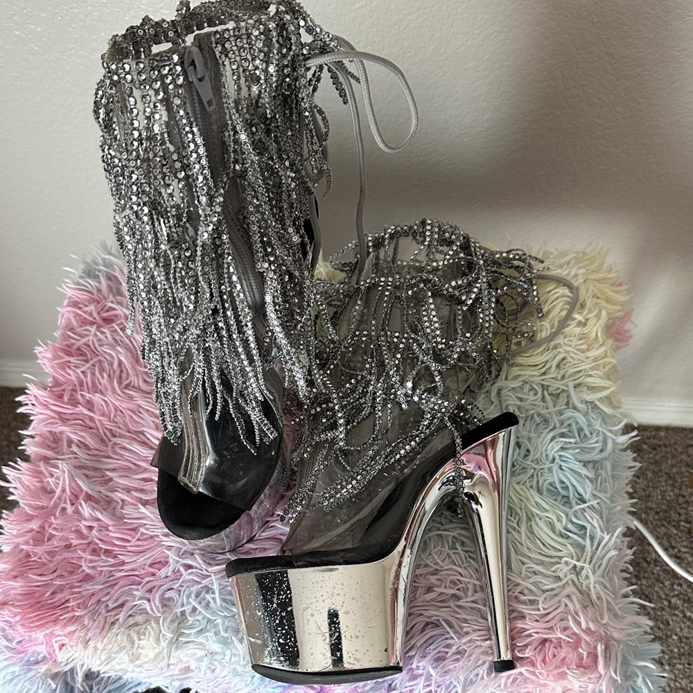 PLEASER Fringe Glitter Clear Zip Up Stripper Pole Dancer Heels 7